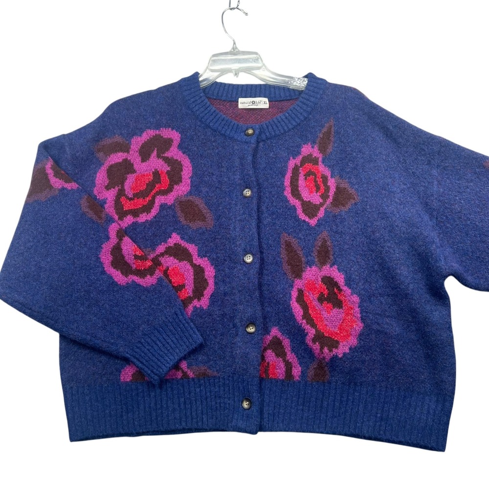 Natural Life Cardigan Women XL Blue Floral Rose Knit Button Front Sweater